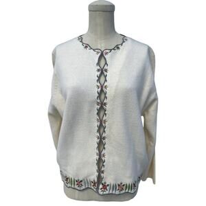 Vintage 50s 60s White Cardigan Sweater Embroidered Floral Dainty Lightweight